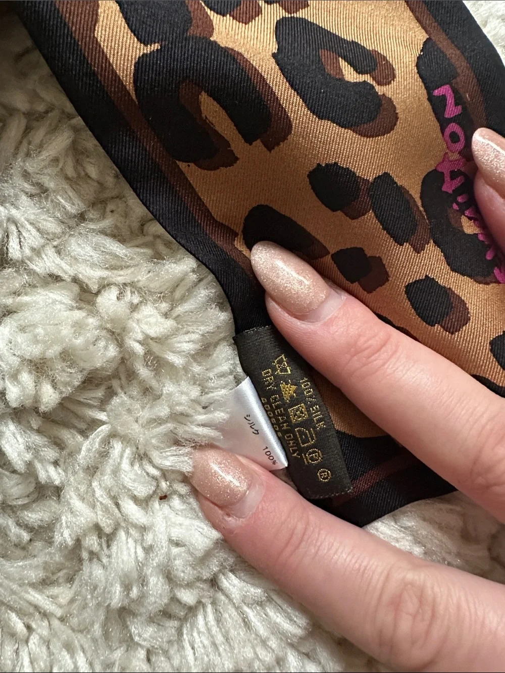 Louis Vuitton Leopard Silk Scarf in Brown and Black with Pink Logo